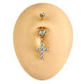 Gold CZ Prong Cross Dangle Belly Bar  image 0