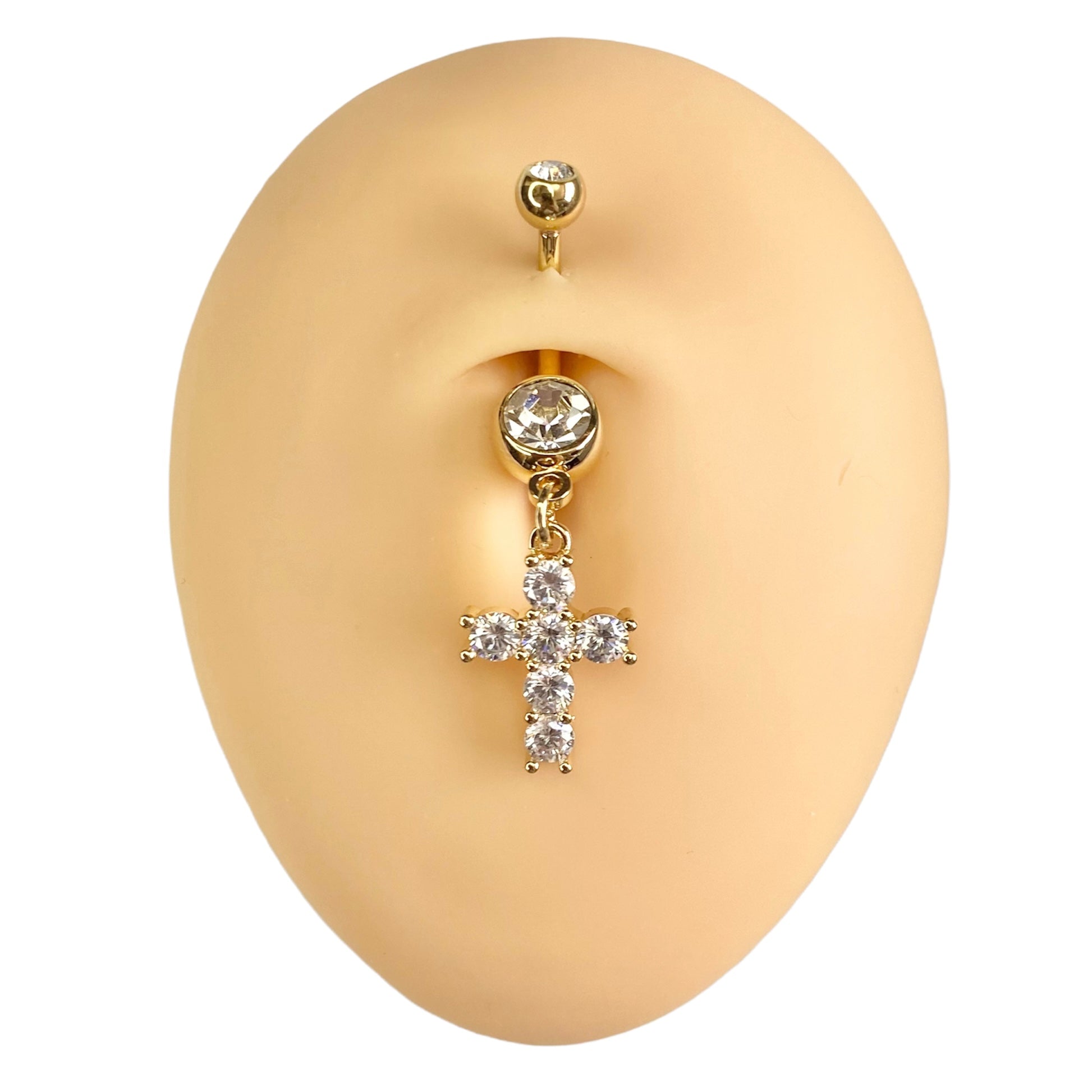 Gold CZ Prong Cross Dangle Belly Bar  image 0