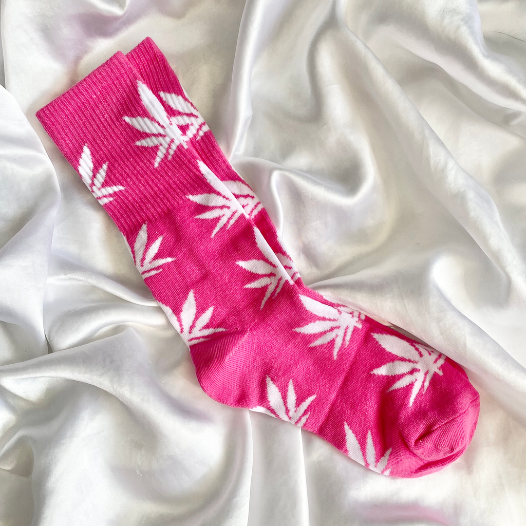 Pink & White Weed Leaf Socks image 1