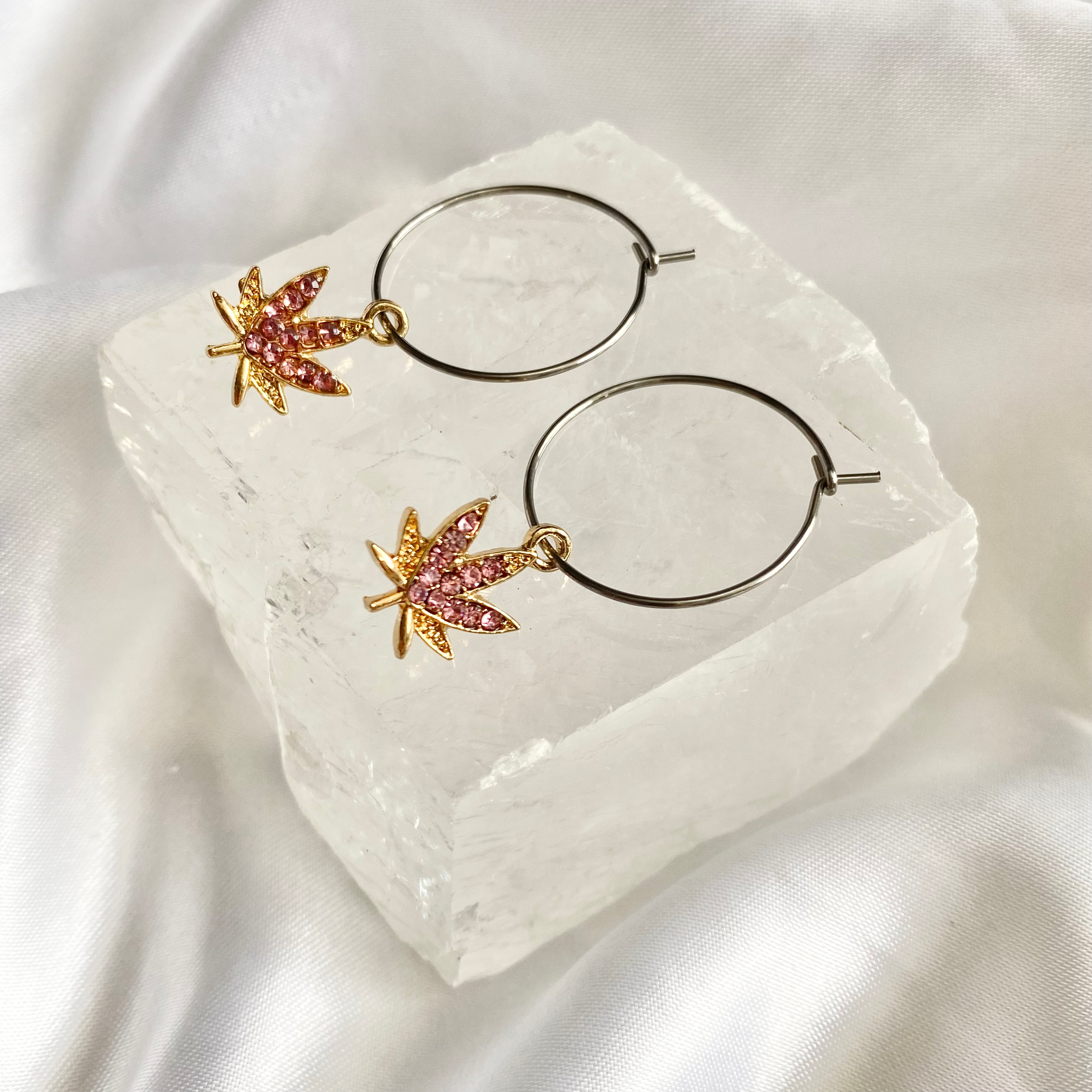 Pink Rhinestone Weed Leaf Hoop Earrings image 0