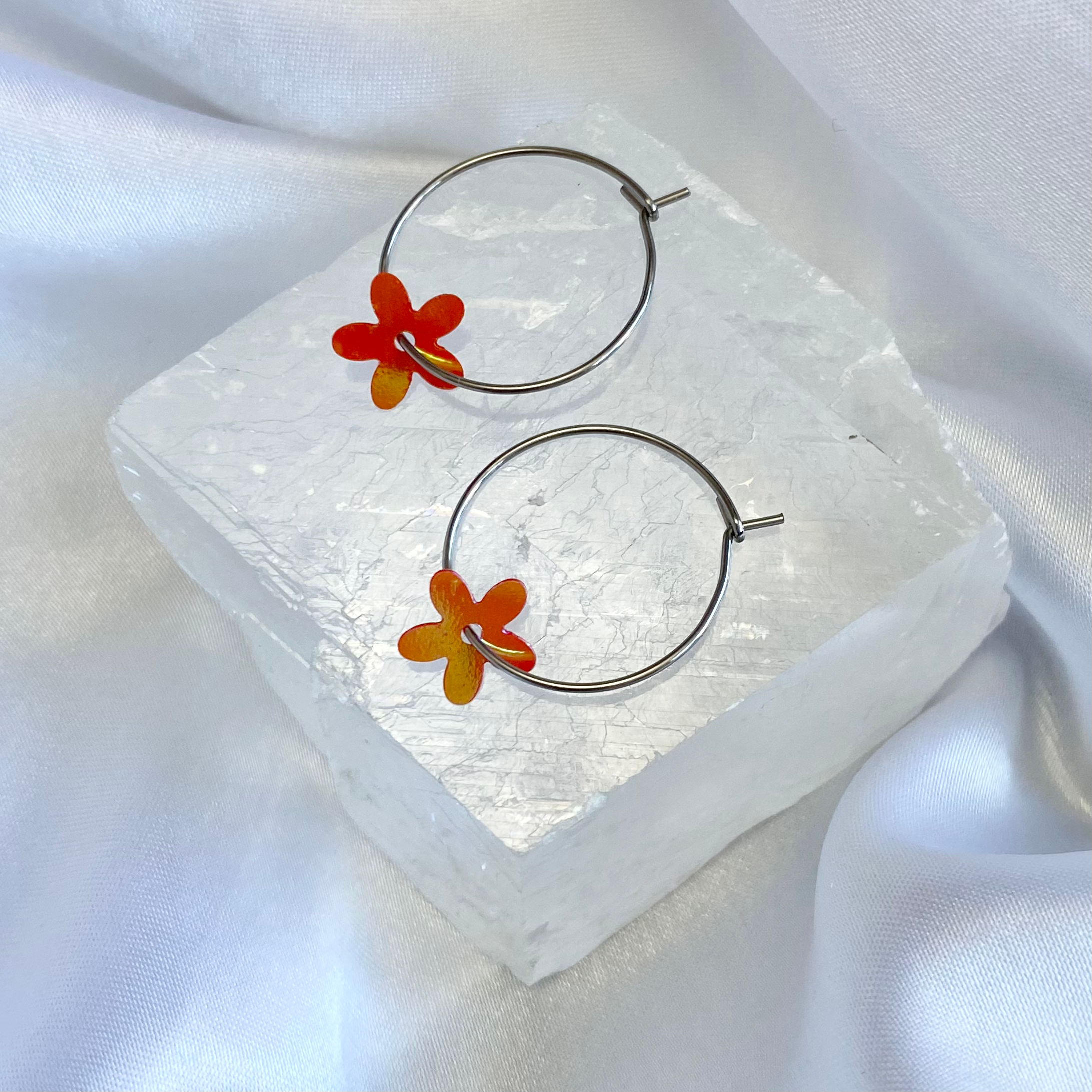 Red AB Sequin Flower Hoop Earrings image 0