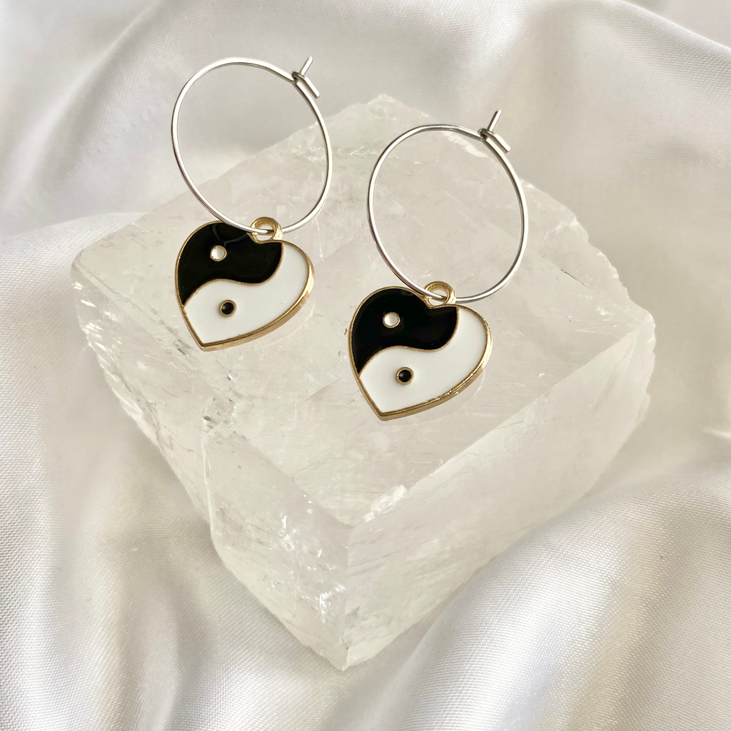 Black Yin & Yang Heart Hoop Earrings image 0