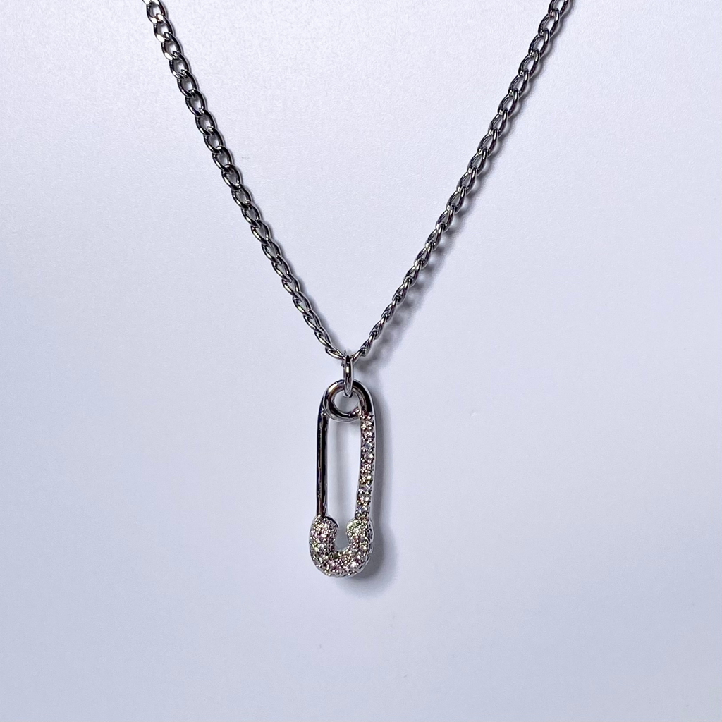 Silver CZ Paved Safety Pin Necklace image 0