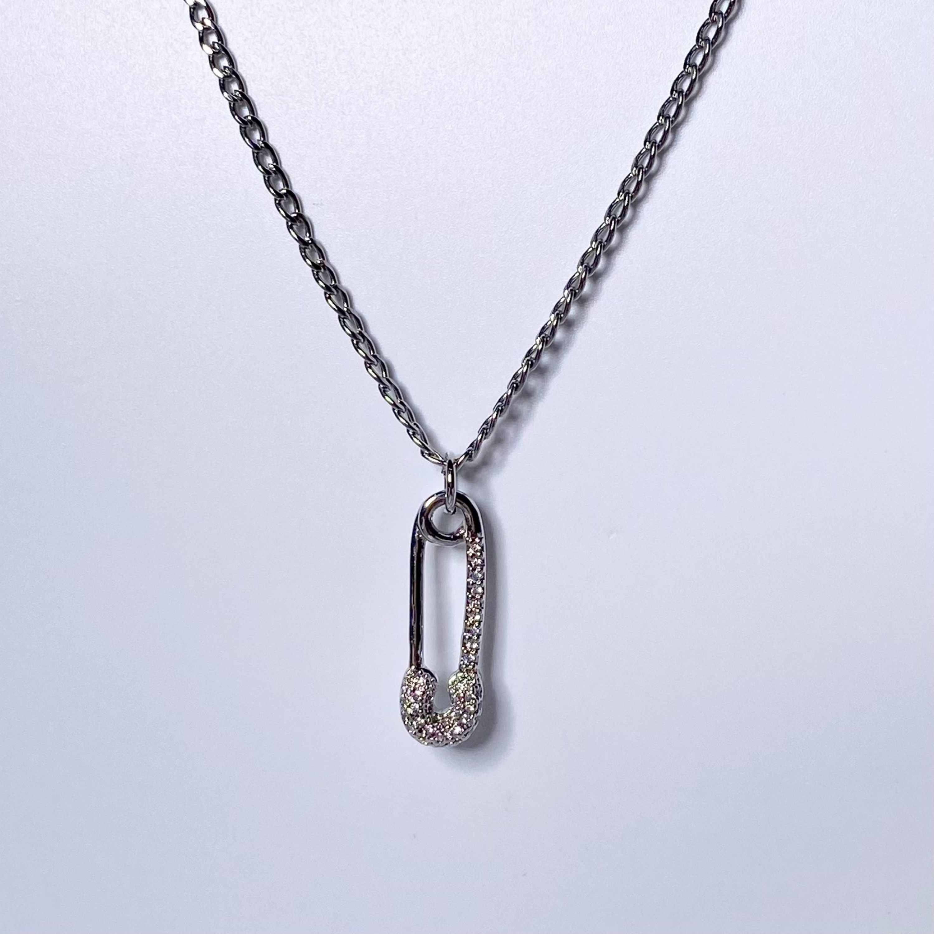 Silver CZ Paved Safety Pin Necklace image 0