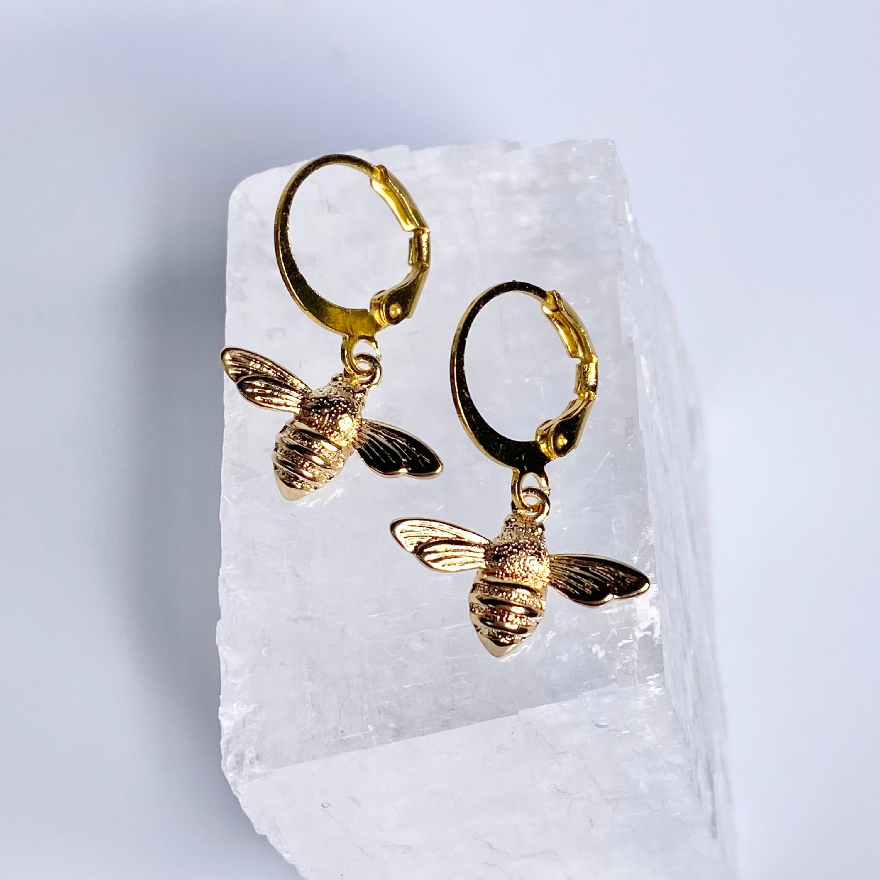 Gold Mini Realistic Bee Hoop Earrings image 0