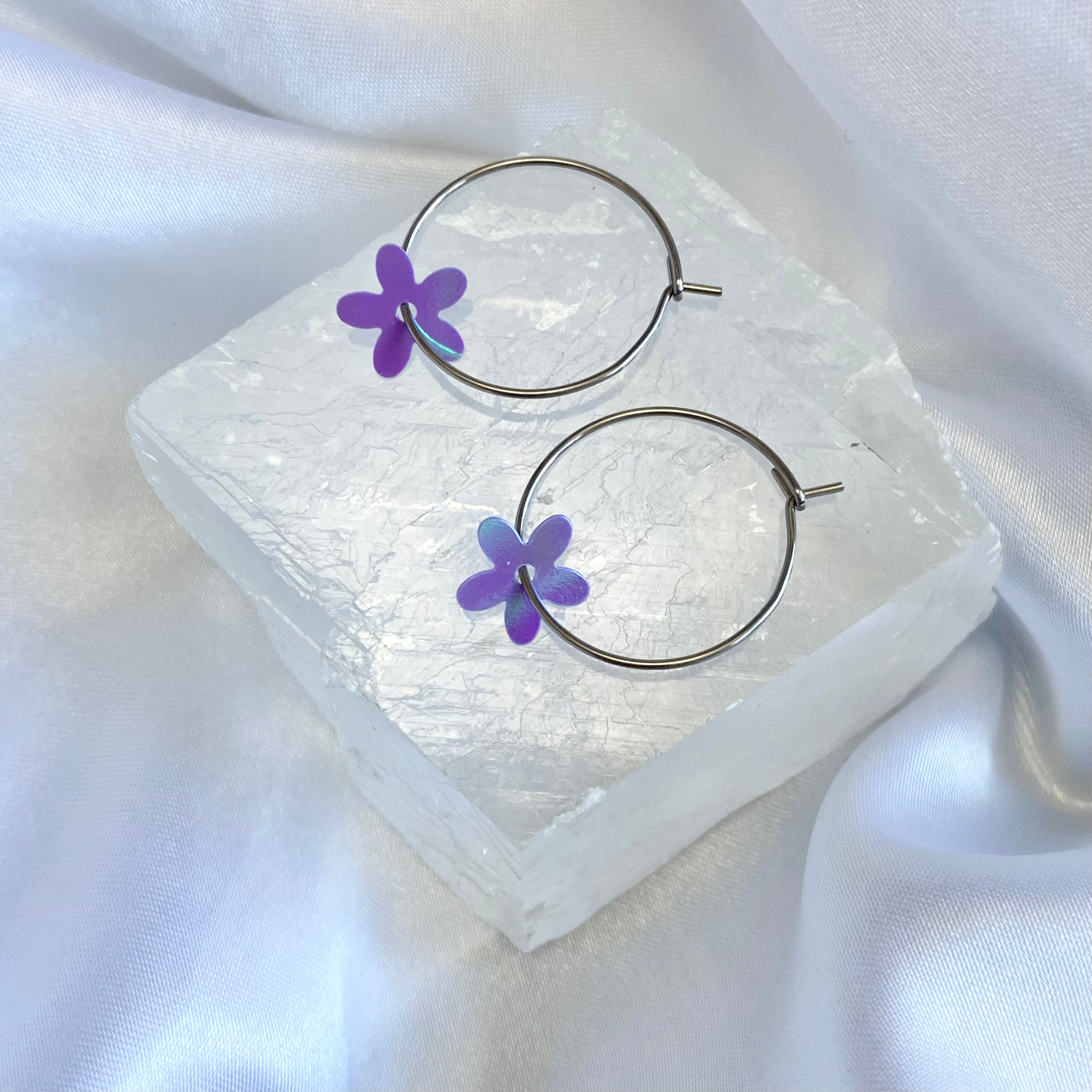 Purple AB Sequin Flower Hoop Earrings image 0