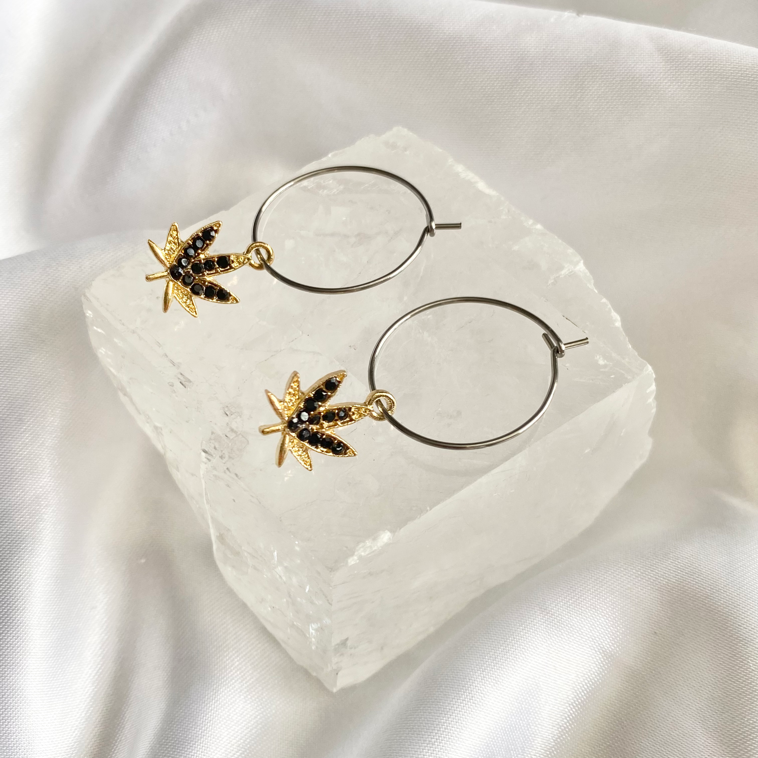 Black Rhinestone Weed Leaf Hoop Earrings image 0
