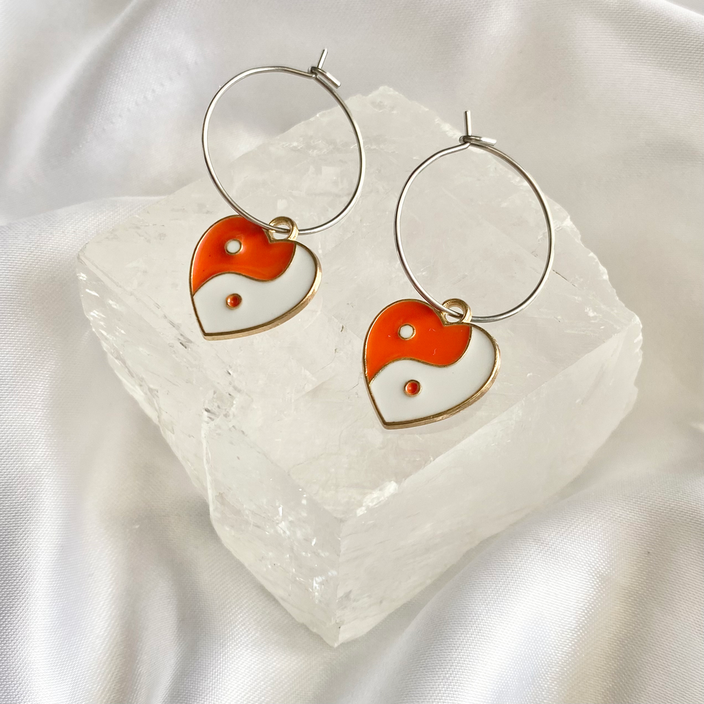 Orange Yin & Yang Heart Hoop Earrings image 0