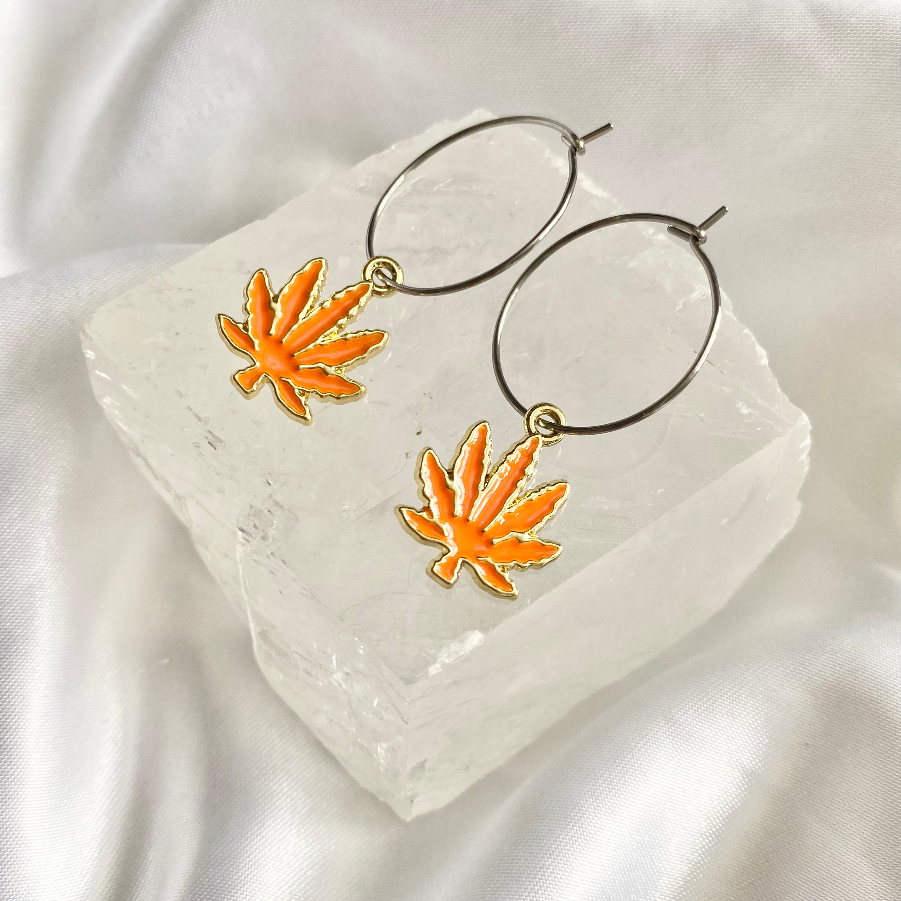 Orange Weed Leaf Hoop Earrings image 0