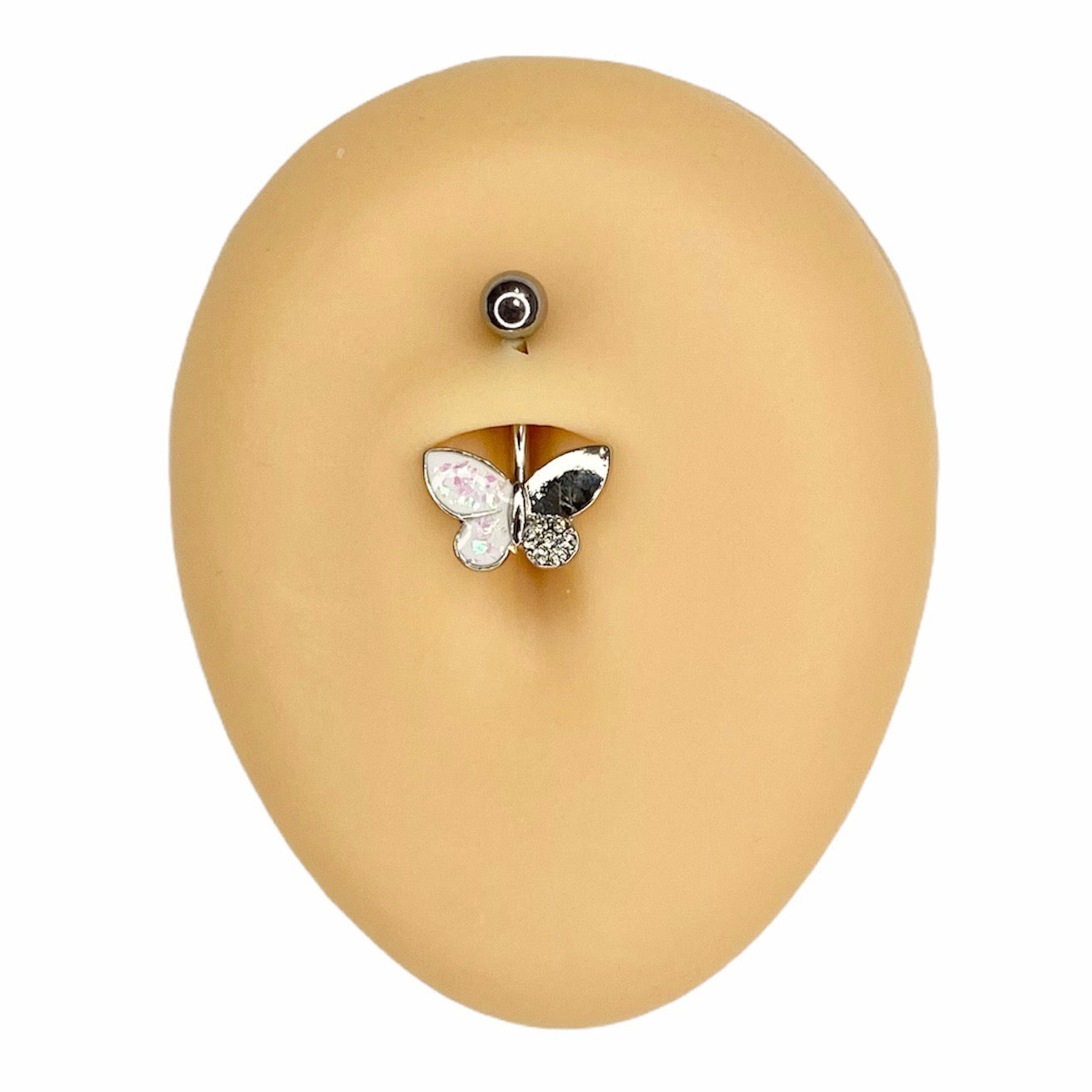 White Opal Glitter Crystal Paved Butterfly Belly Bar image 0