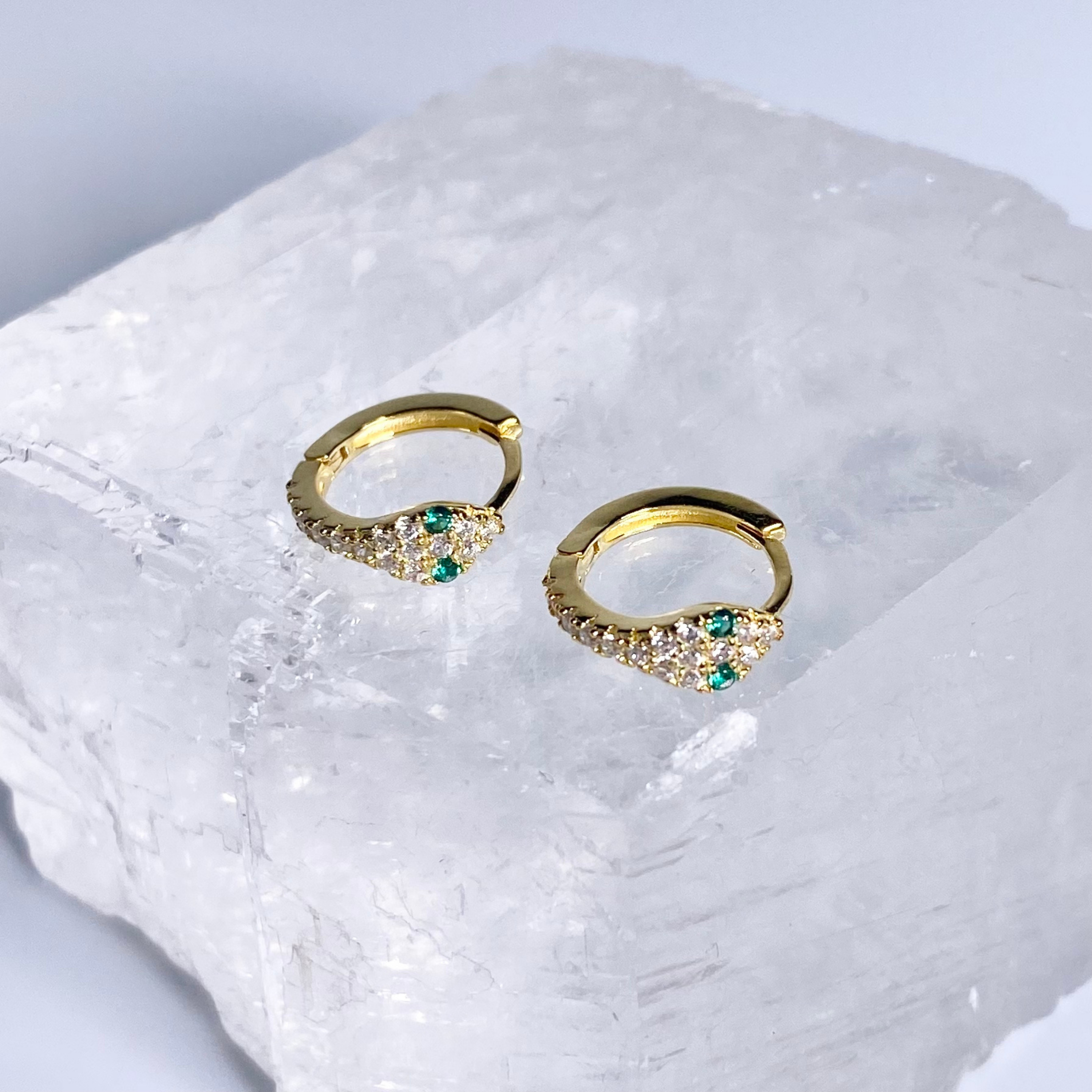 Gold Green Eye CZ Snake Earrings image 0
