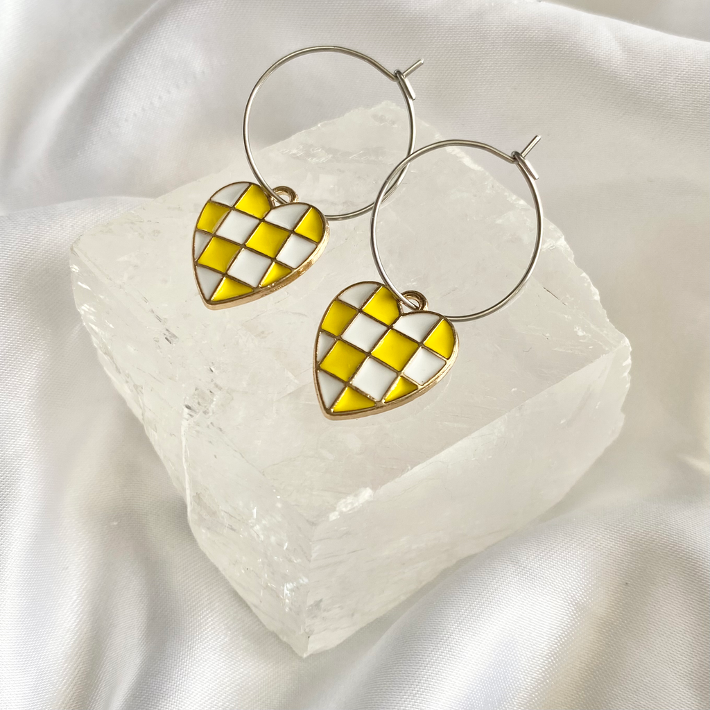 Yellow Checkered Heart Hoop Earrings image 0
