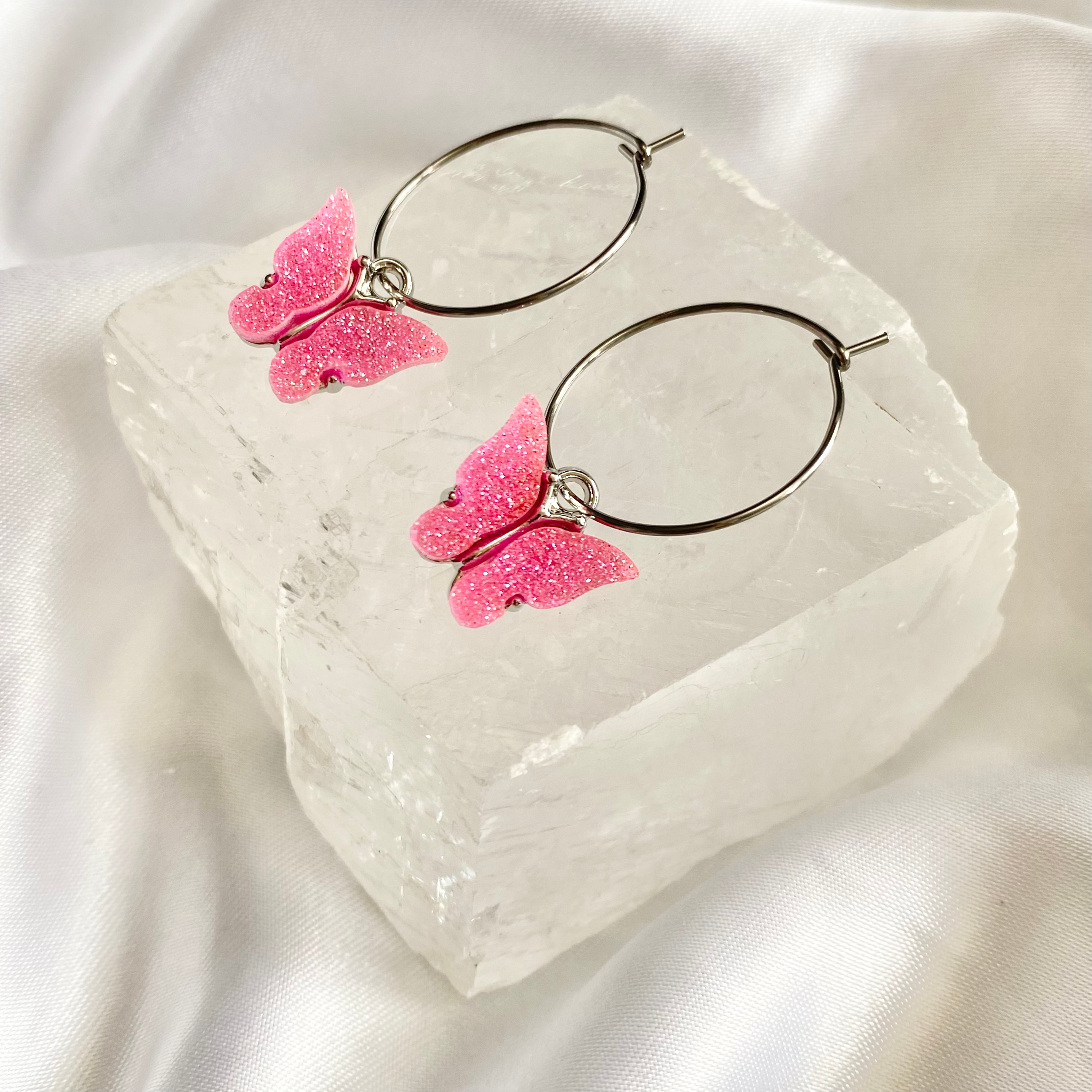 Pink Glitter Butterfly Hoop Earrings image 0